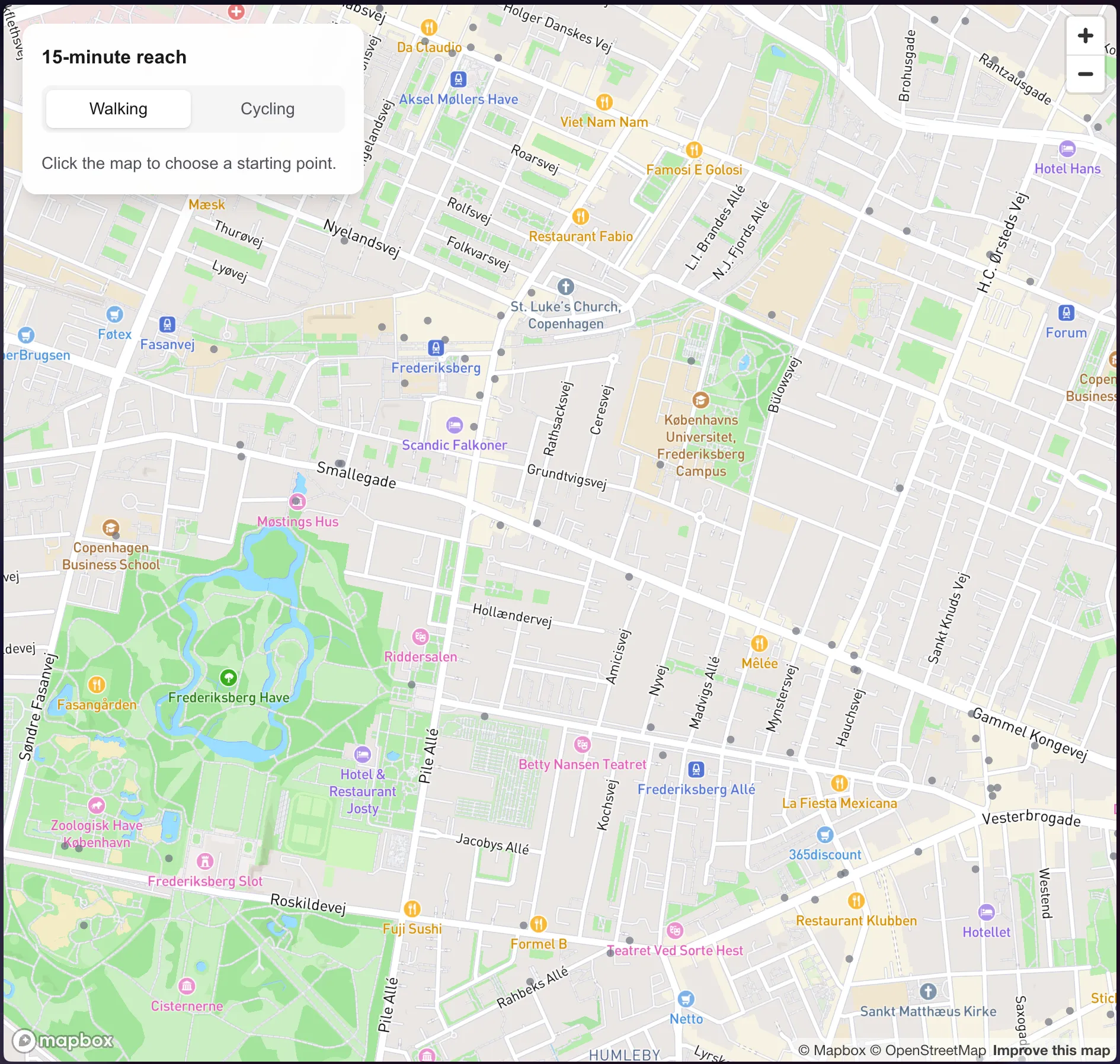 The starting view Map of Frederiksberg with the 15-minute reach panel asking for a starting point