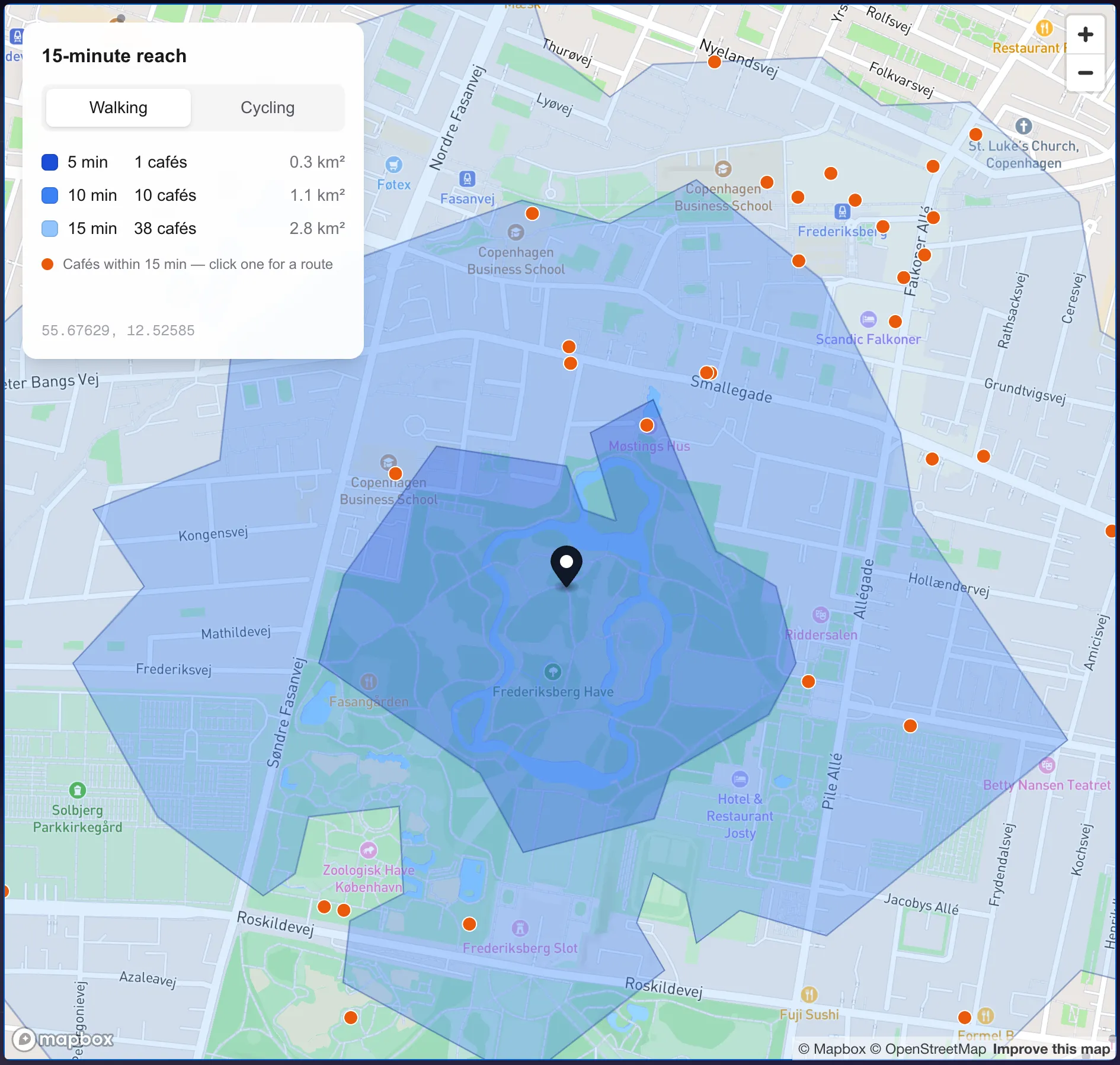 Walking zones from the middle of the park Three walking zones around a pin in Frederiksberg Have, with cafés shown as orange dots