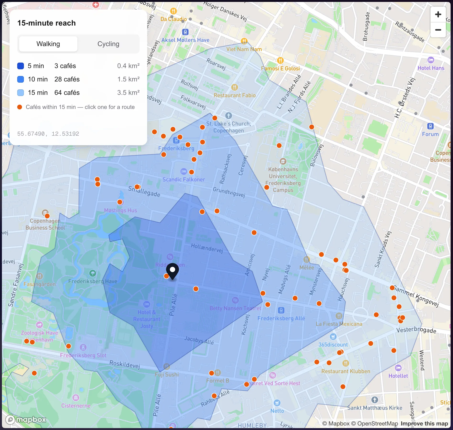 Walking zones from the park gate Walking zones from the park gate on Pile Allé, with 64 cafés within 15 minutes